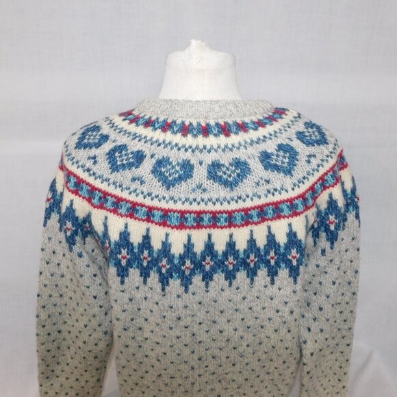 VTG Woolrich Womens M Wool Blend Fair Isle hearts  Sweater Gray Blue Maroon - Picture 8 of 9